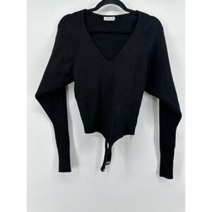 Good American Black Ribbed V-Neck Long‎ Sleeve Thong Bodysuit Top